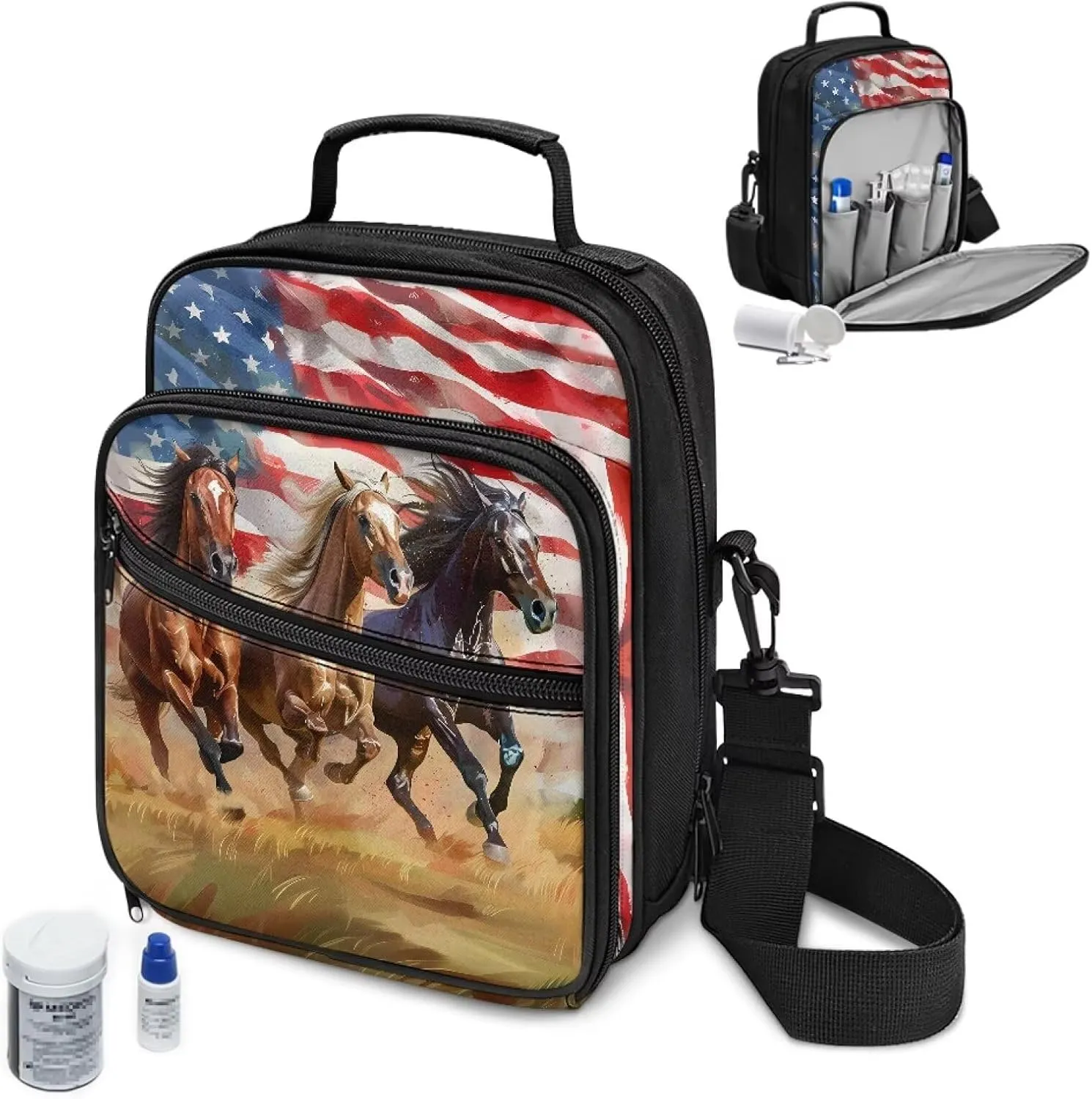 Diabetes Supplies Bag, American Flag Horse Insulin Travel Case, Travel Medication Diabetes Supplies Organizer Bag with Shoulder Strap for Glucose Meter and Diabetic Supplies