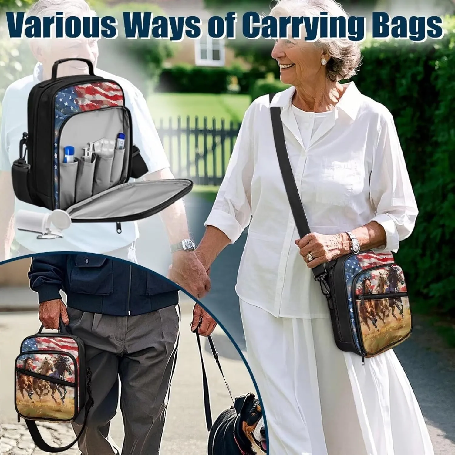 Diabetes Supplies Bag, American Flag Horse Insulin Travel Case, Travel Medication Diabetes Supplies Organizer Bag with Shoulder Strap for Glucose Meter and Diabetic Supplies