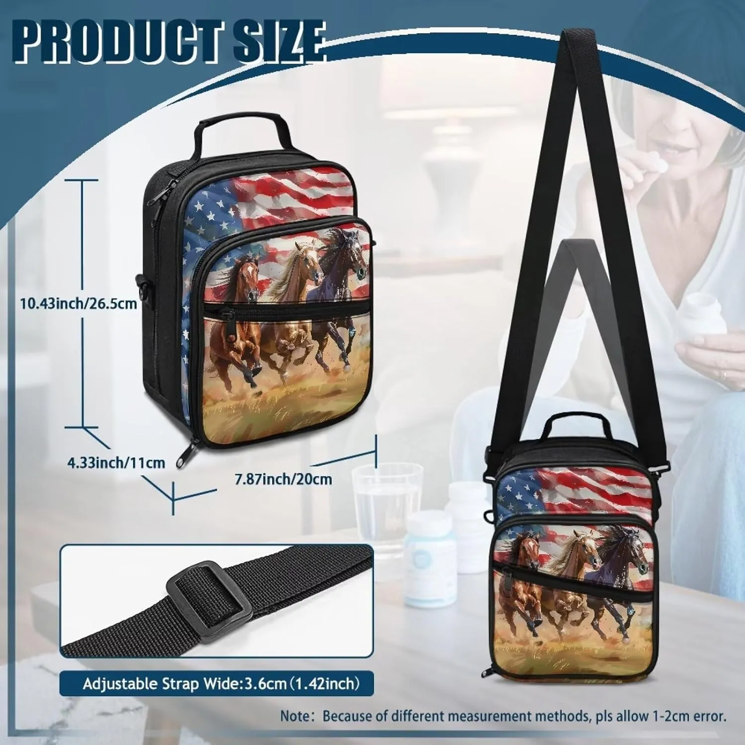 Diabetes Supplies Bag, American Flag Horse Insulin Travel Case, Travel Medication Diabetes Supplies Organizer Bag with Shoulder Strap for Glucose Meter and Diabetic Supplies