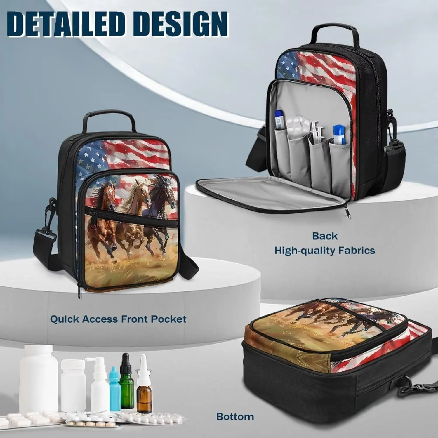 Diabetes Supplies Bag, American Flag Horse Insulin Travel Case, Travel Medication Diabetes Supplies Organizer Bag with Shoulder Strap for Glucose Meter and Diabetic Supplies