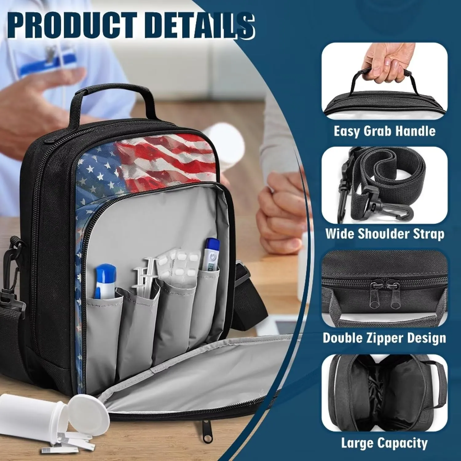 Diabetes Supplies Bag, American Flag Horse Insulin Travel Case, Travel Medication Diabetes Supplies Organizer Bag with Shoulder Strap for Glucose Meter and Diabetic Supplies