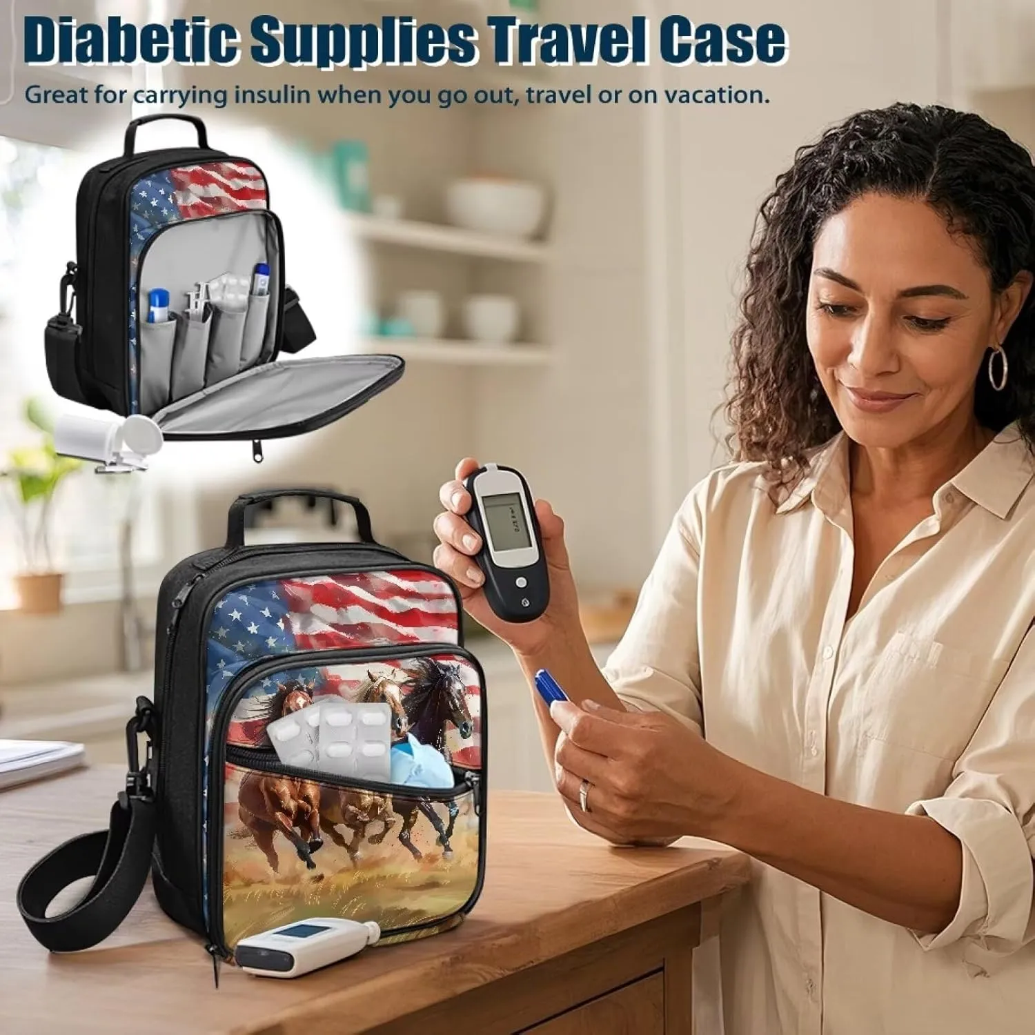 Diabetes Supplies Bag, American Flag Horse Insulin Travel Case, Travel Medication Diabetes Supplies Organizer Bag with Shoulder Strap for Glucose Meter and Diabetic Supplies