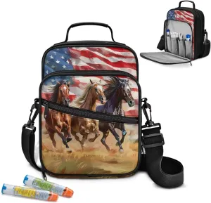 Diabetes Supplies Bag, American Flag Horse Insulin Travel Case, Travel Medication Diabetes Supplies Organizer Bag with Shoulder Strap for Glucose Meter and Diabetic Supplies