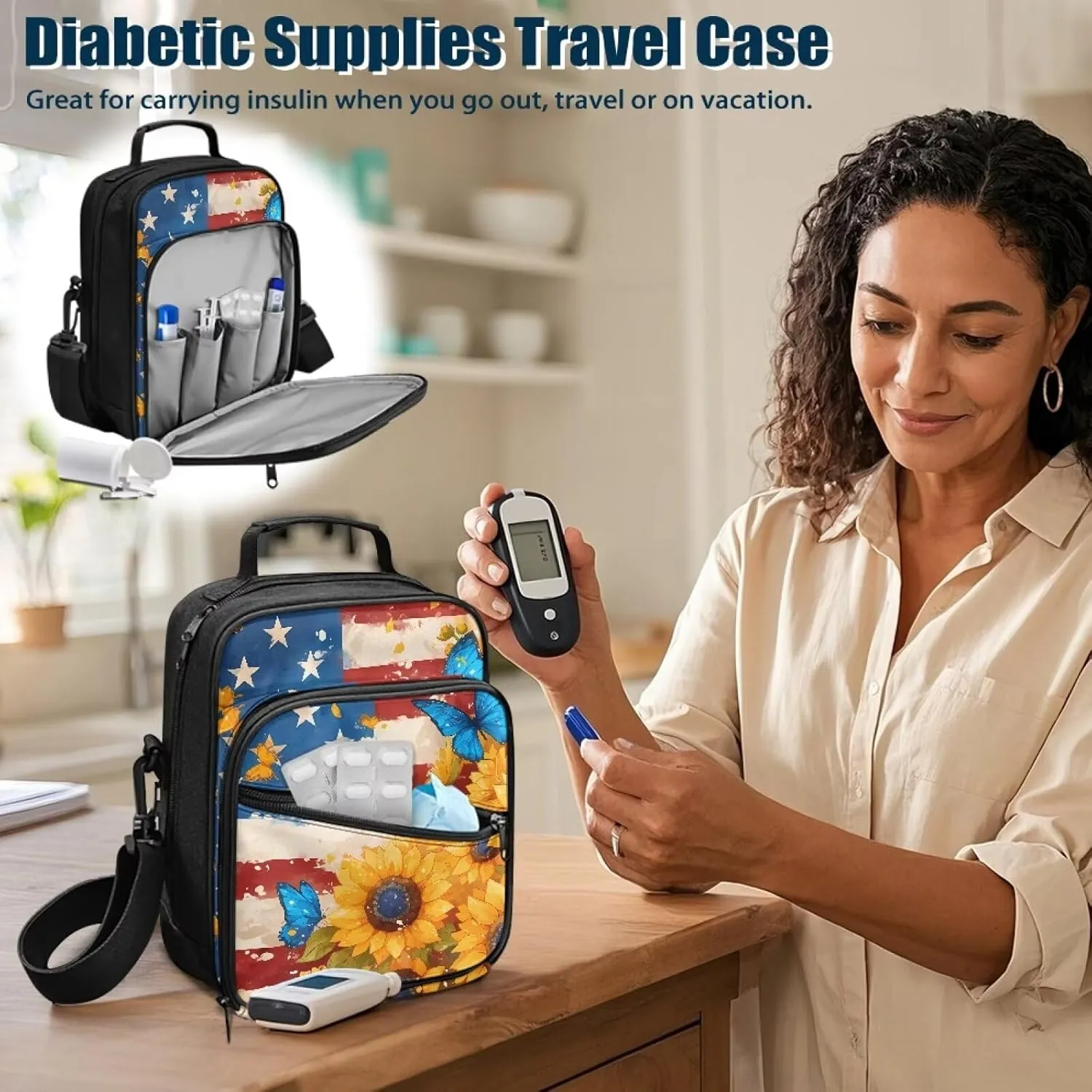 Diabetes Supplies Bag, American Flag Sunflower Insulin Travel Case, Diabetic Medication Organizer Bag with Adjustable Shoulder Strap for Diabetic Supplies
