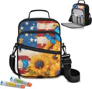 Diabetes Supplies Bag, American Flag Sunflower Insulin Travel Case, Diabetic Medication Organizer Bag with Adjustable Shoulder Strap for Diabetic Supplies