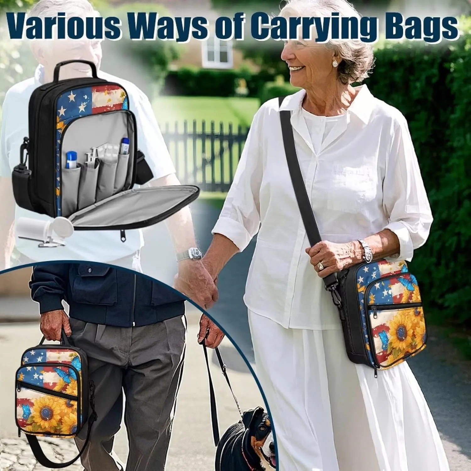 Diabetes Supplies Bag, American Flag Sunflower Insulin Travel Case, Diabetic Medication Organizer Bag with Adjustable Shoulder Strap for Diabetic Supplies