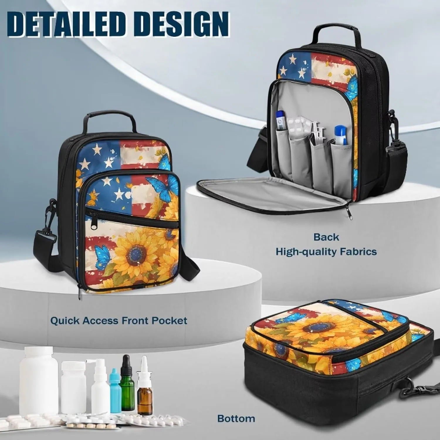 Diabetes Supplies Bag, American Flag Sunflower Insulin Travel Case, Diabetic Medication Organizer Bag with Adjustable Shoulder Strap for Diabetic Supplies