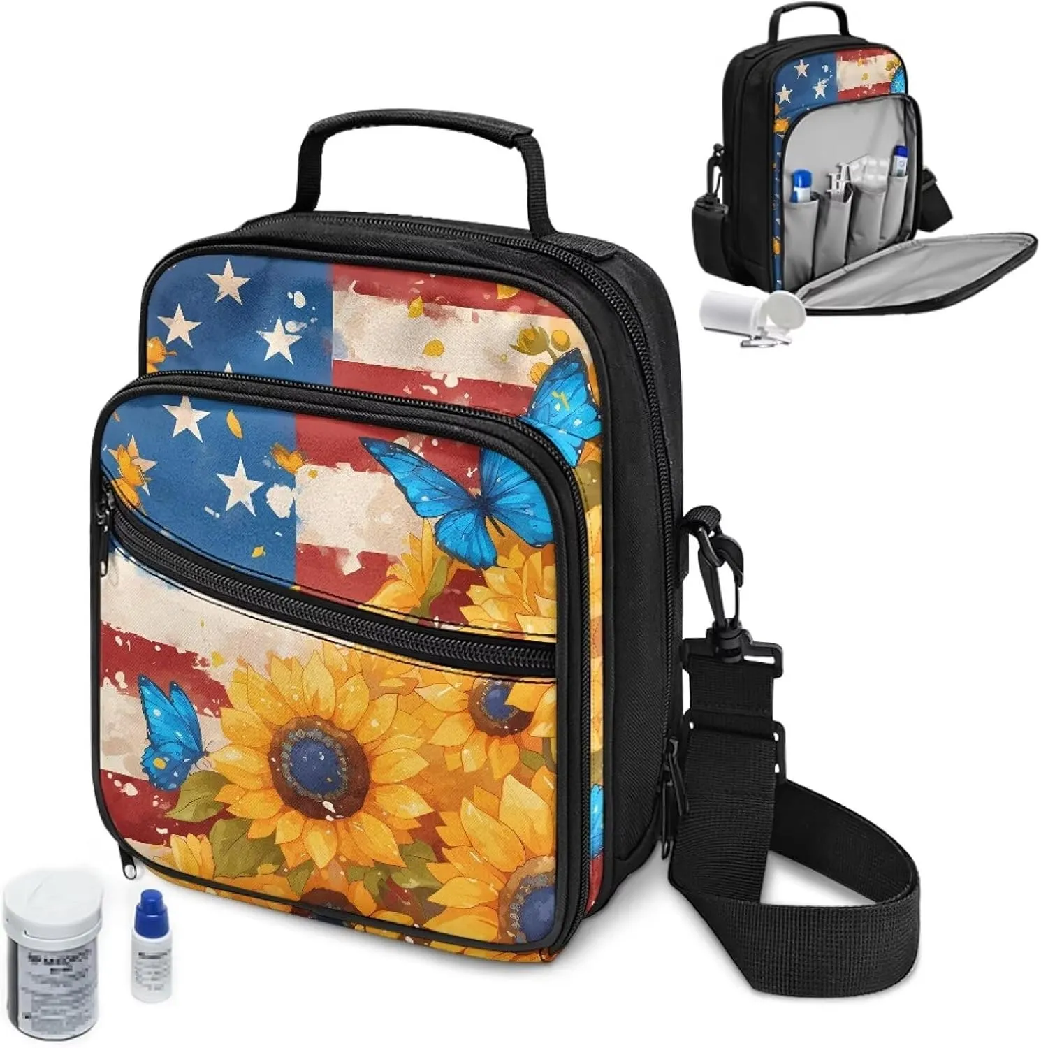 Diabetes Supplies Bag, American Flag Sunflower Insulin Travel Case, Diabetic Medication Organizer Bag with Adjustable Shoulder Strap for Diabetic Supplies