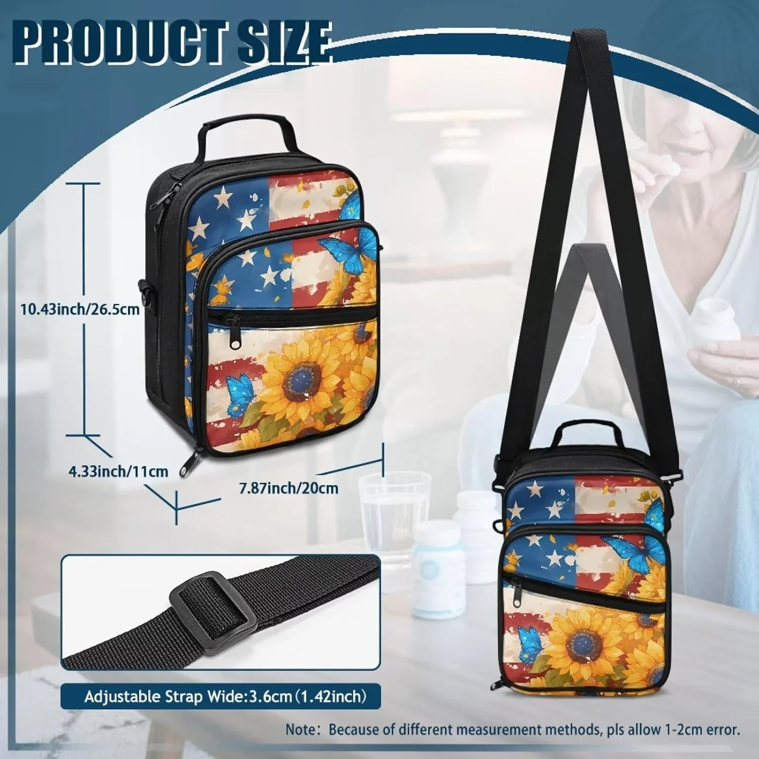 Diabetes Supplies Bag, American Flag Sunflower Insulin Travel Case, Diabetic Medication Organizer Bag with Adjustable Shoulder Strap for Diabetic Supplies
