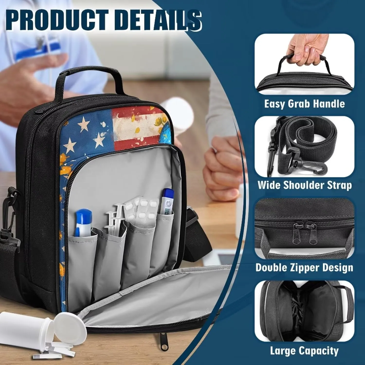 Diabetes Supplies Bag, American Flag Sunflower Insulin Travel Case, Diabetic Medication Organizer Bag with Adjustable Shoulder Strap for Diabetic Supplies