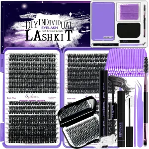 DIY Fluffy Lash Extension Kit 804Pcs D Curl Individual Lash Clusters Eyelashes Extension Set with Mirror Lash Storage Box Lash Bond&Seal Glue Remover Tweezers Lash Brush Applicator