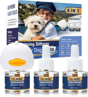 Dog Pheromone Calming Diffuser 4 In 1 Appeasing Pet Pheromones Diffuser to Calm Kit (Plug in  3 Pack 48ml Refill) for Anxiety Relief Reduce Barking Aggression Fighting Stress 90 Day Supply(Tasteless)