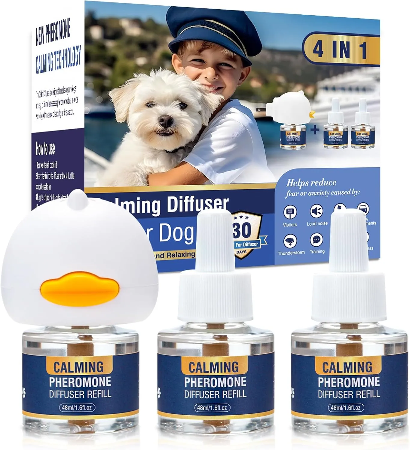 Dog Pheromone Calming Diffuser 4 In 1 Appeasing Pet Pheromones Diffuser to Calm Kit (Plug in  3 Pack 48ml Refill) for Anxiety Relief Reduce Barking Aggression Fighting Stress 90 Day Supply(Tasteless)