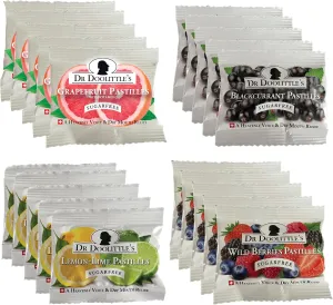 Dr. Doolittle’s Pastilles Sugar Free Variety Pack for Voice and Throat, Blackcurrant, Grapefruit, Lemon Lime, and Wild Berries, .33 oz Travel Size Bag, approximately 4 Count, 20 Pack