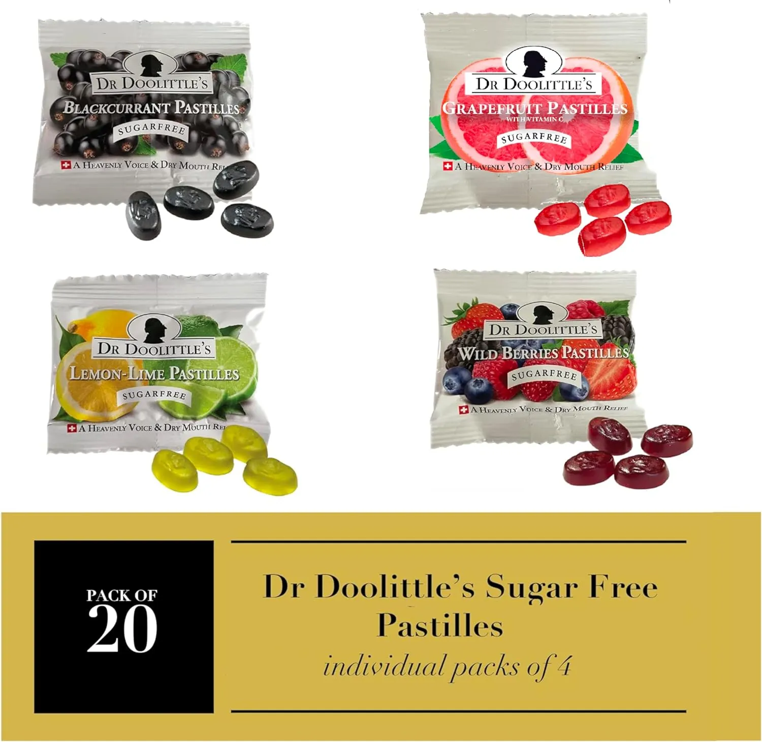 Dr. Doolittle’s Pastilles Sugar Free Variety Pack for Voice and Throat, Blackcurrant, Grapefruit, Lemon Lime, and Wild Berries, .33 oz Travel Size Bag, approximately 4 Count, 20 Pack