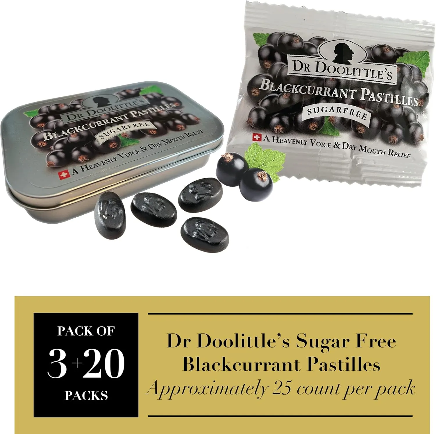 Dr. Doolittle’s Sugar Free Soft Fruit Pastilles for Voice and Throat, Blackcurrant Flavor, Multipack of 2.12 Ounce Tin, 3 Pack and .33 Ounce Travel Size Bag, 20 Pack