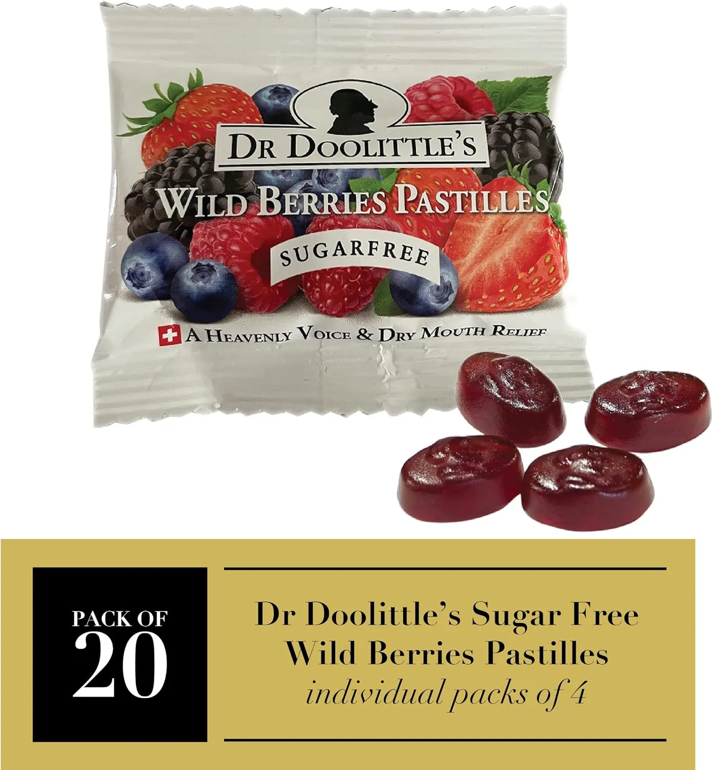 Dr. Doolittle’s Sugar Free Soft Fruit Pastilles for Voice and Throat, Wild Berries Flavor, Travel Size Bag,0.33 ounces approximately 4 Count Package, 20 Pack