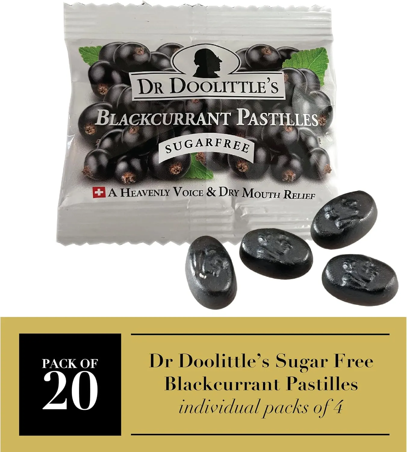 Dr Sugar Free Soft Fruit Pastilles for Voice and Throat, Blackcurrant Flavor, Travel Size Bag, Approximately 4 Count Package, 20 Pack