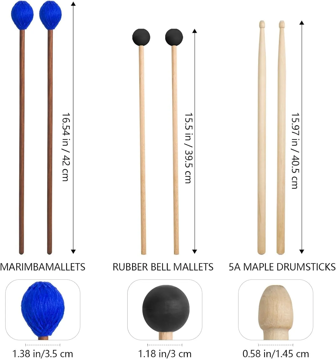 Drum Mallets Kit – 3 Pairs (Rubber, 5A, Marimba) with Drum sticks Bag, Percussion instrument Accessories for Steel Drum, Glockenspiel, Bass Drum, Cymbals, Xylophone Mallets for Beginners