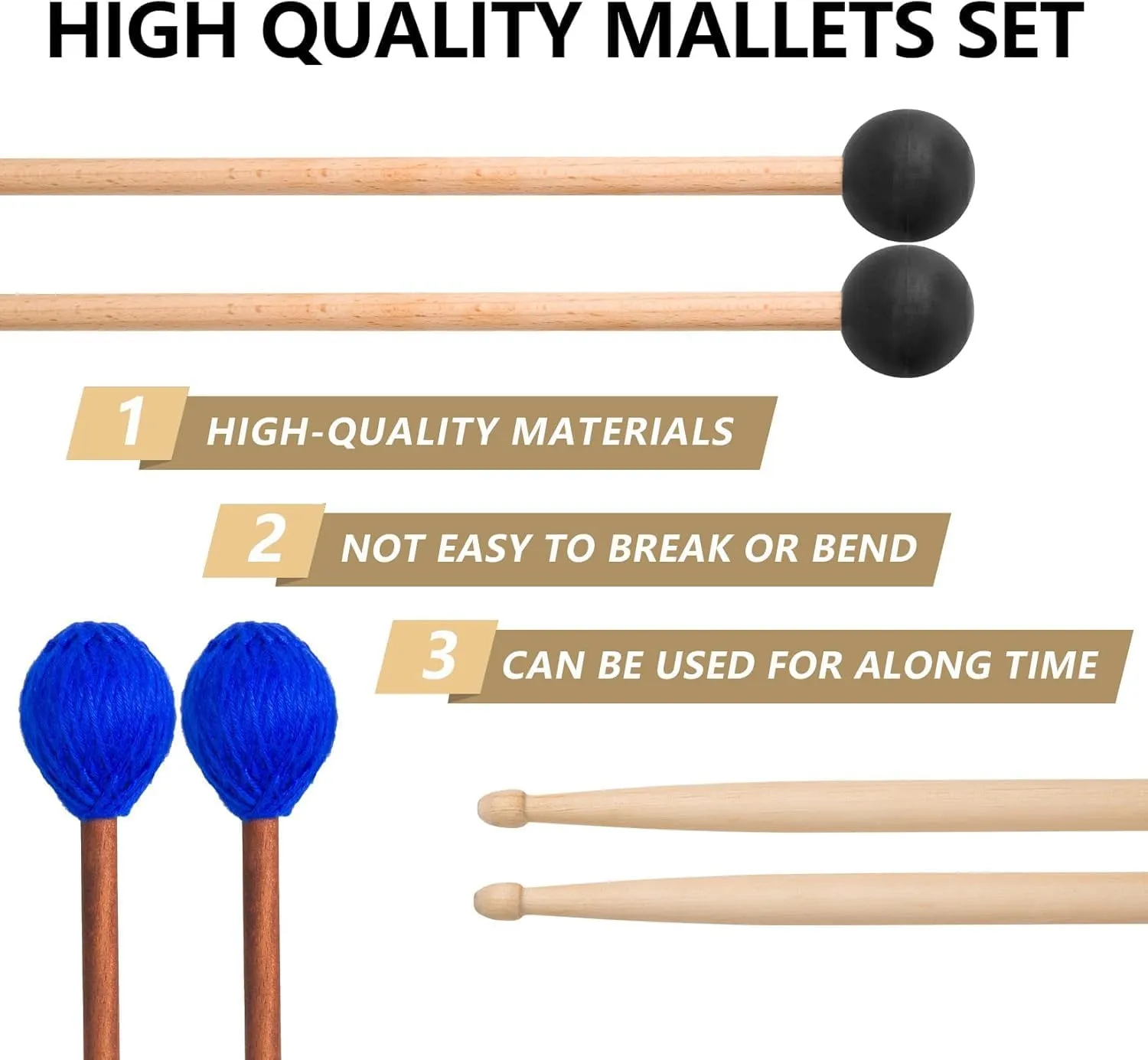 Drum Mallets Kit – 3 Pairs (Rubber, 5A, Marimba) with Drum sticks Bag, Percussion instrument Accessories for Steel Drum, Glockenspiel, Bass Drum, Cymbals, Xylophone Mallets for Beginners