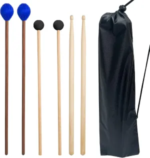 Drum Mallets Kit – 3 Pairs (Rubber, 5A, Marimba) with Drum sticks Bag, Percussion instrument Accessories for Steel Drum, Glockenspiel, Bass Drum, Cymbals, Xylophone Mallets for Beginners