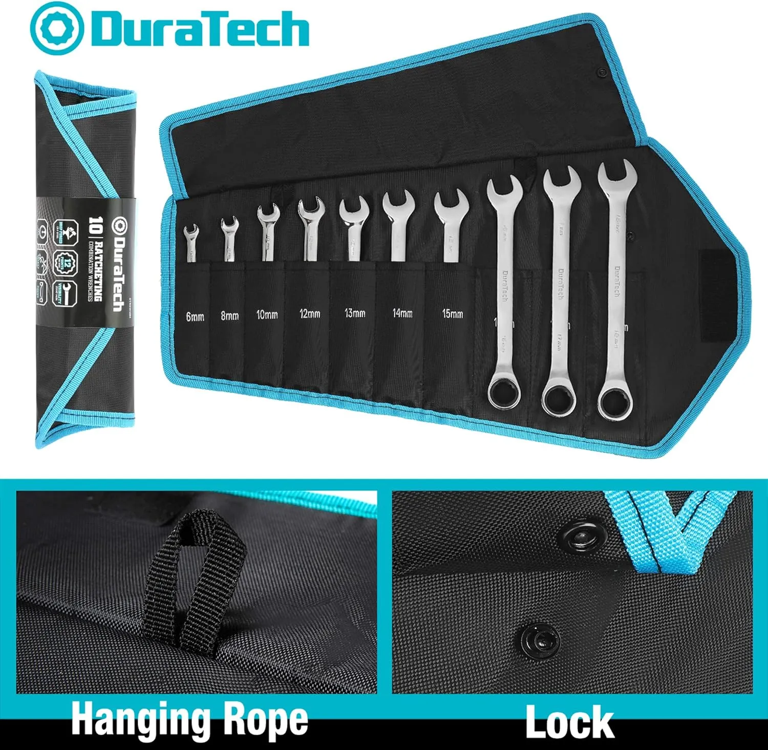 DURATECH Ratcheting Wrench Set, Combination Wrench Set, Metric, 10-piece, 6-18mm, CR-V Steel, with Pouch
