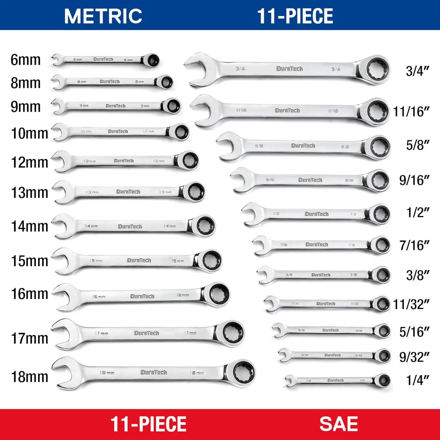 DURATECH Ratcheting Wrench Set, Combination Wrench Set, SAE & Metric, 22-piece, 1/4" to 3/4" & 6-18mm, CR-V Steel, with Pouch