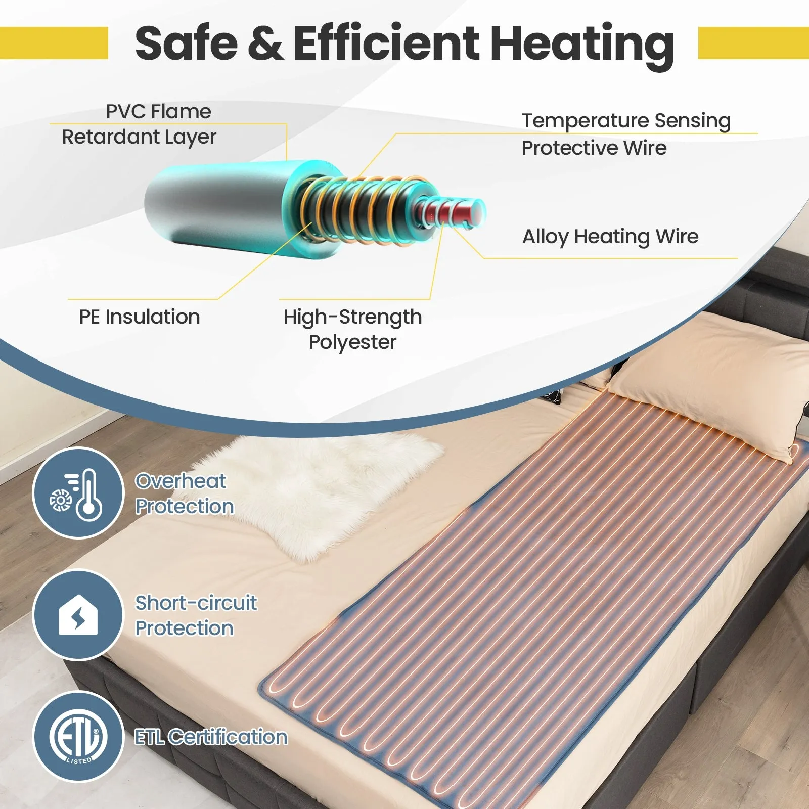 Electric Heated Mattress Pad with 5 Heating Levels and Overheat Protection-Blue