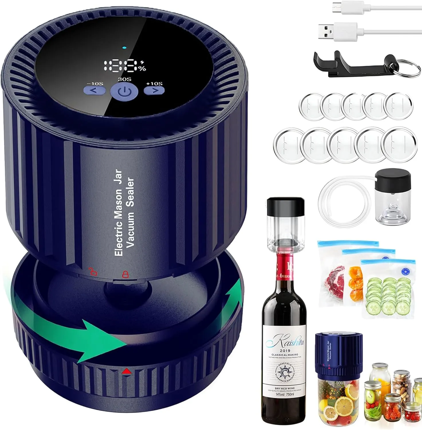 Electric Mason Jar Vacuum Sealer Kit,3 in 1 Automatic Jar Vacuum Sealer for Mason Jars,One Button Start Easy to Operate,for Wide Mouth and Regular Mouth of Mason Jars for Food Storage