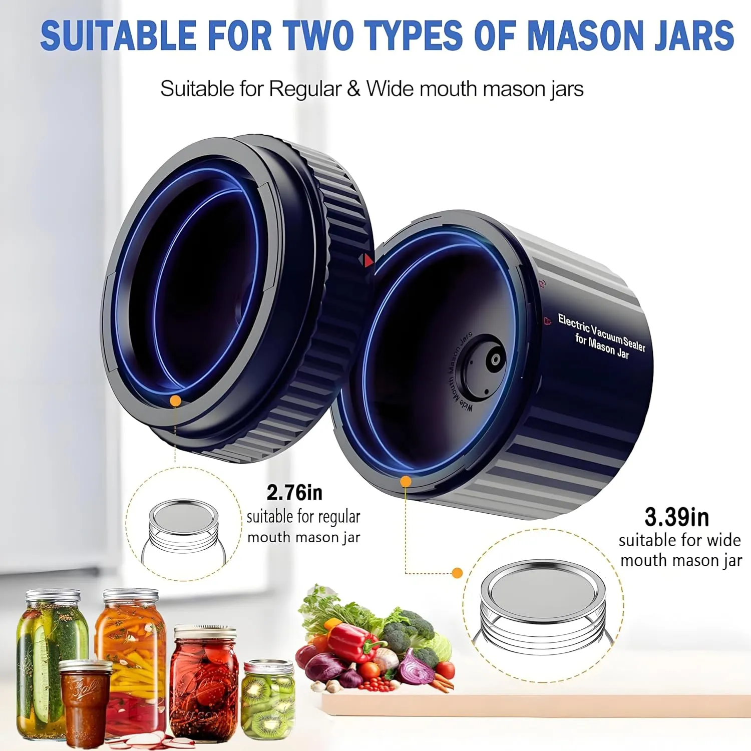 Electric Mason Jar Vacuum Sealer Kit,3 in 1 Automatic Jar Vacuum Sealer for Mason Jars,One Button Start Easy to Operate,for Wide Mouth and Regular Mouth of Mason Jars for Food Storage