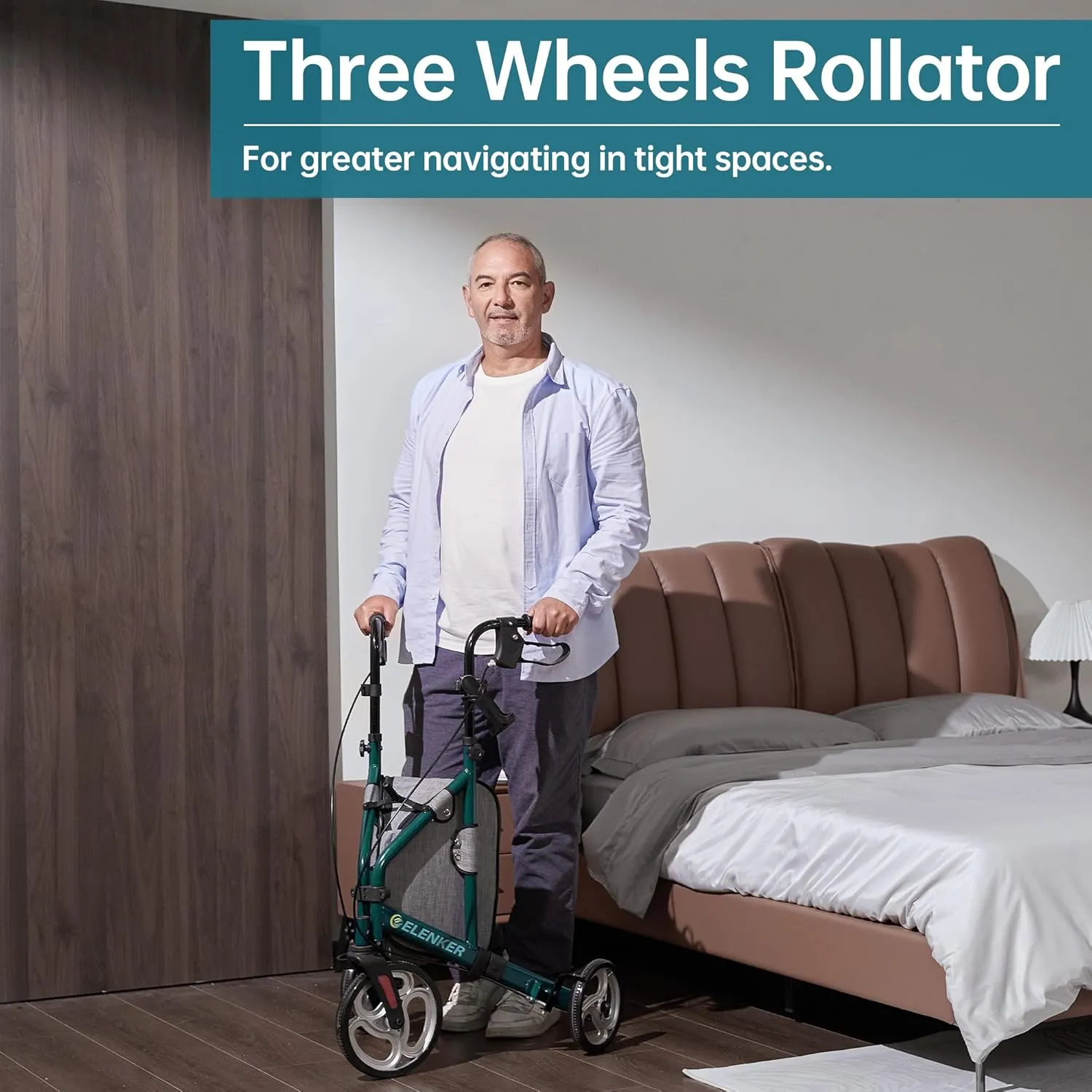 ELENKER 3 Wheel Walkers for Seniors, 3 Wheeled Rollator with 10” Wheels, Narrow Walkers for Small Spaces, Compact Folding, Ideal for Traveling, Green