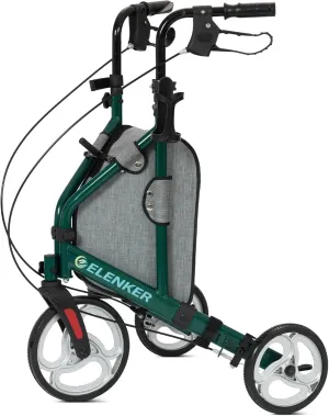 ELENKER 3 Wheel Walkers for Seniors, 3 Wheeled Rollator with 10” Wheels, Narrow Walkers for Small Spaces, Compact Folding, Ideal for Traveling, Green