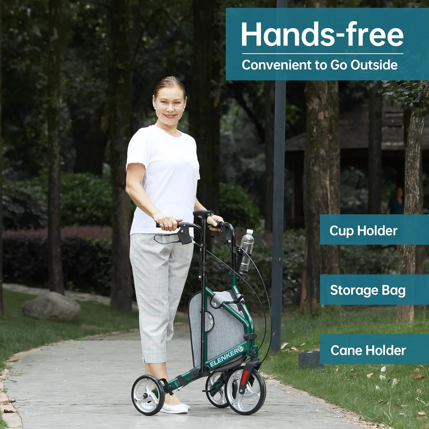 ELENKER 3 Wheel Walkers for Seniors, 3 Wheeled Rollator with 10” Wheels, Narrow Walkers for Small Spaces, Compact Folding, Ideal for Traveling, Green