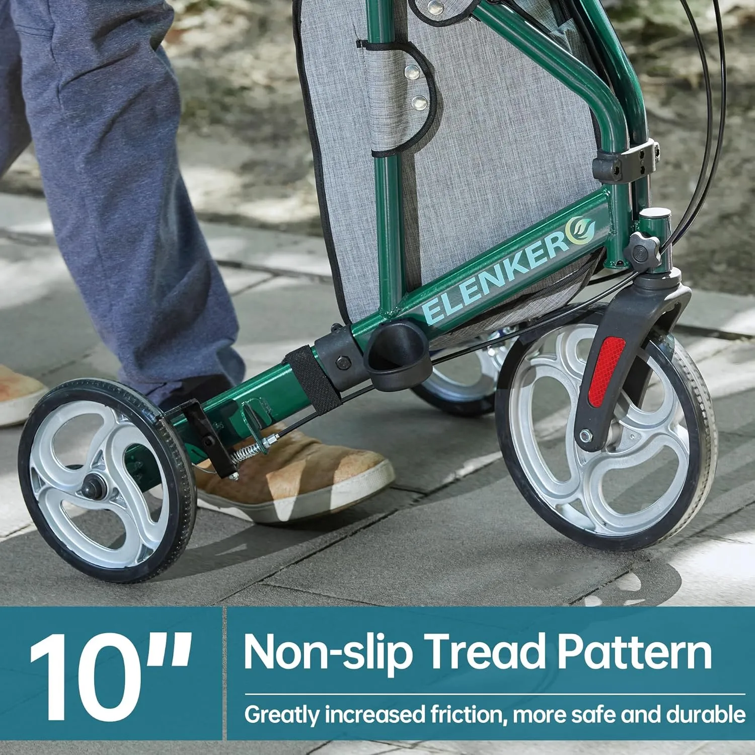 ELENKER 3 Wheel Walkers for Seniors, 3 Wheeled Rollator with 10” Wheels, Narrow Walkers for Small Spaces, Compact Folding, Ideal for Traveling, Green