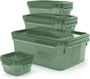EMSA Set of 4 Rectangular Food Storage Containers 0.2, 0.55, 1, 3.7 L, 100% Airtight, Eco-responsible, Bio-Based PP, Freezer and Microwave Safe, Clip&Close Eco, Green N1170600