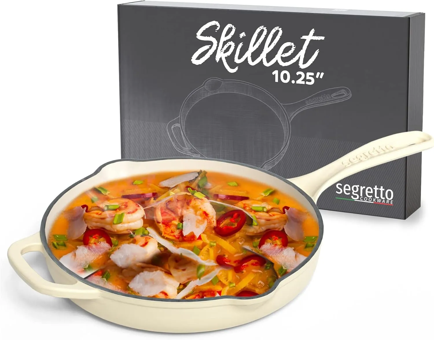 Enameled Cast Iron Skillet, 10.25-IN Bianco Perla (Off-White) Enamel Skillet Pan, No Seasoning Required and Cast Iron Frying Pan