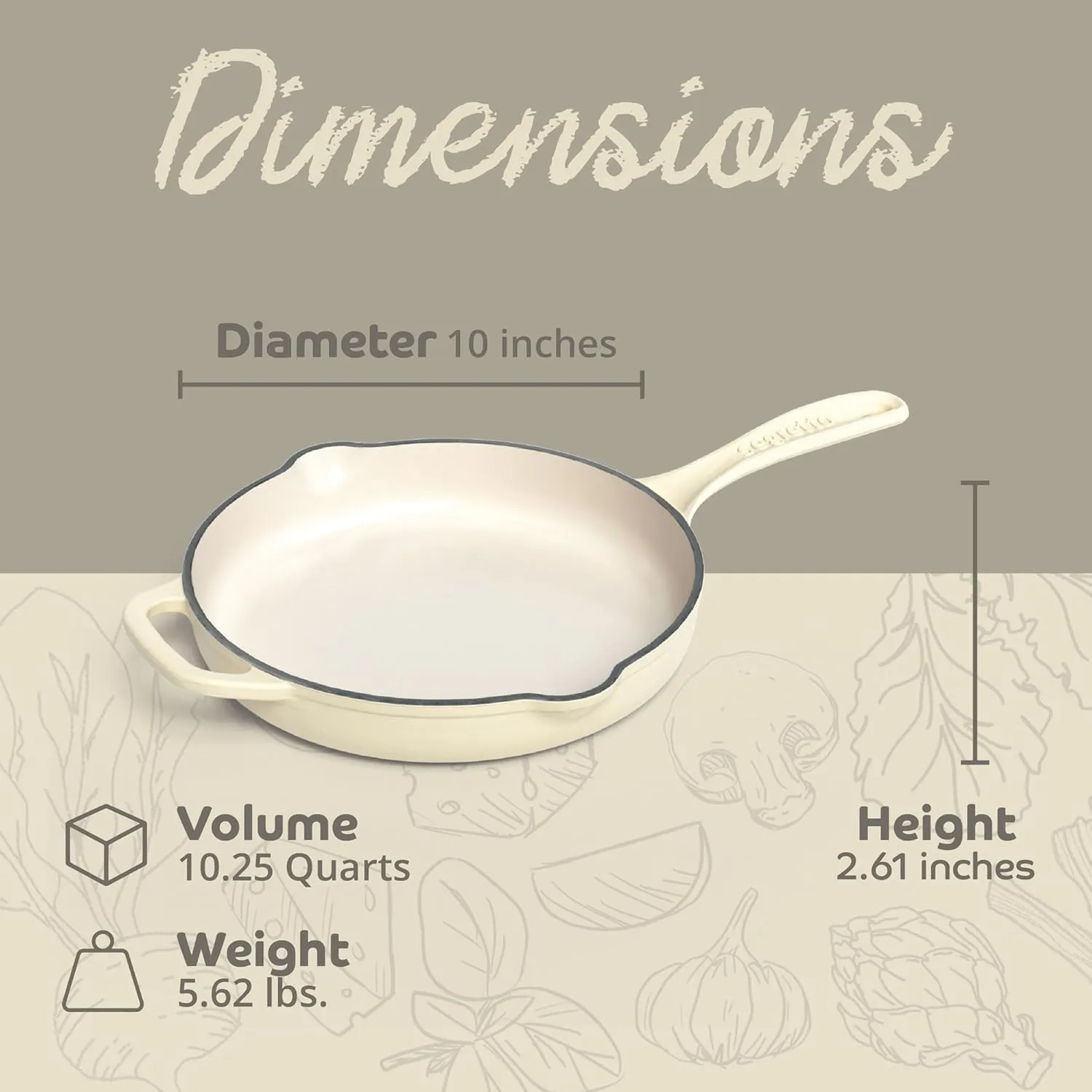 Enameled Cast Iron Skillet, 10.25-IN Bianco Perla (Off-White) Enamel Skillet Pan, No Seasoning Required and Cast Iron Frying Pan