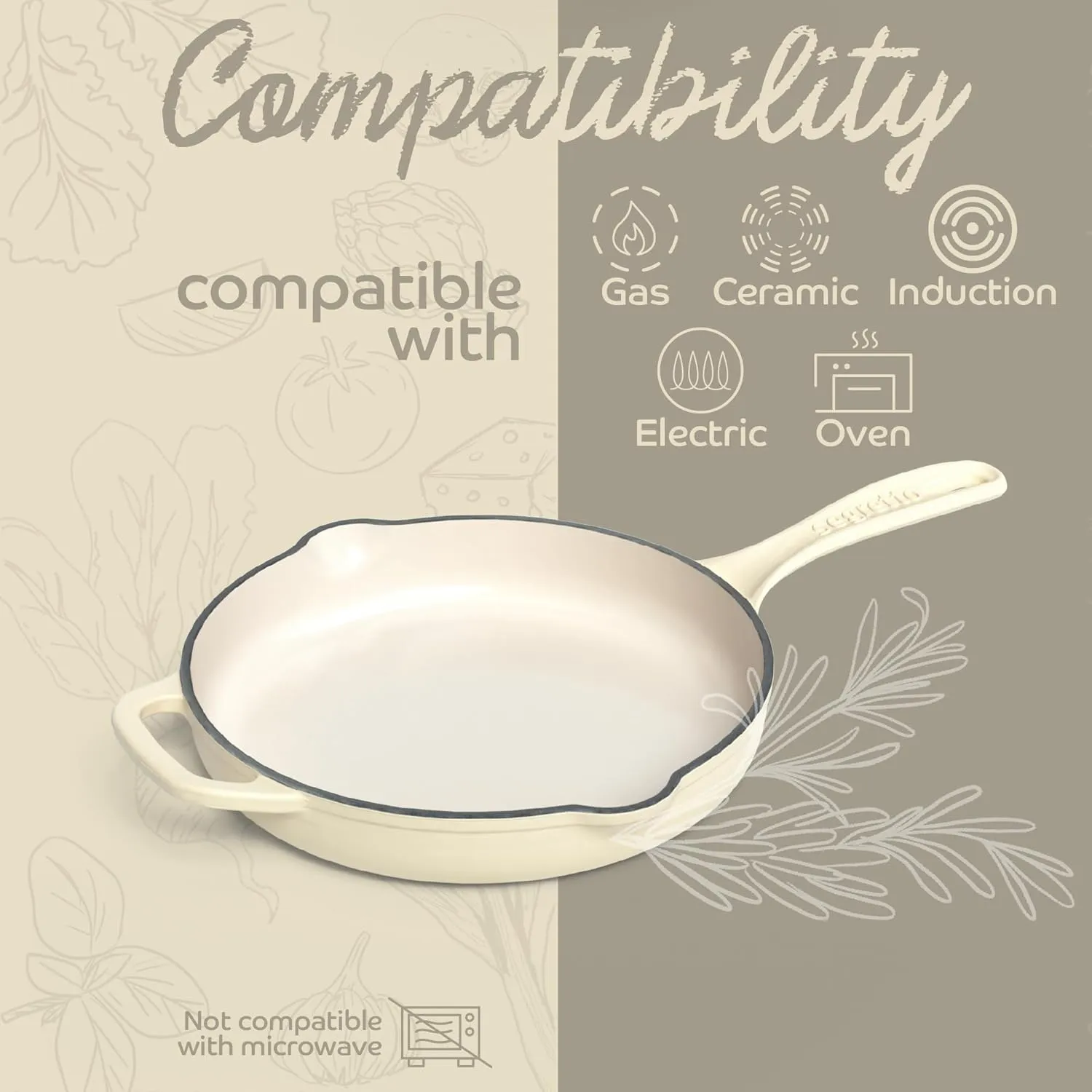Enameled Cast Iron Skillet, 10.25-IN Bianco Perla (Off-White) Enamel Skillet Pan, No Seasoning Required and Cast Iron Frying Pan