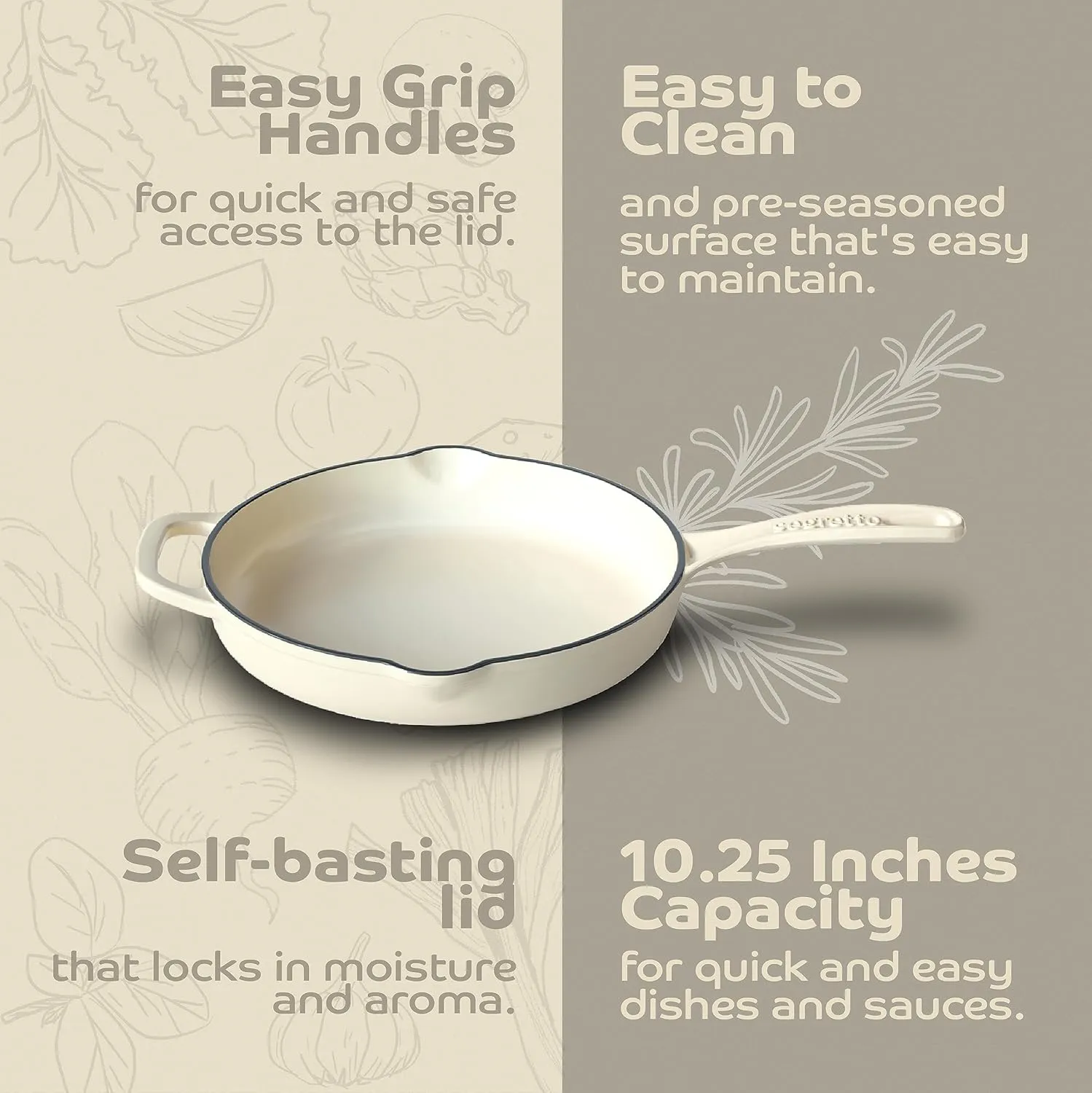 Enameled Cast Iron Skillet, 10.25-IN Bianco Perla (Off-White) Enamel Skillet Pan, No Seasoning Required and Cast Iron Frying Pan