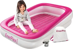 EnerPlex Inflatable Travel Bed with High Speed Pump, Portable Air Mattress for Kids on The Go, Blow up Toddler with Sides – Built-in Safety Bumper - Pink