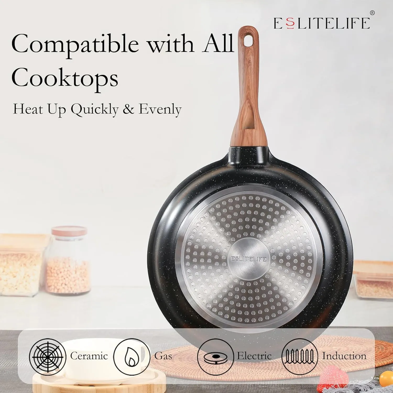 ESLITE LIFE Nonstick Ceramic Frying Pans Skillets Set with Lids, Non-Toxic Egg Omelette Kitchen Cooking Pans Compatible with All Stovetops (Gas, Electric & Induction), PTFE & PFOA Free (Black)