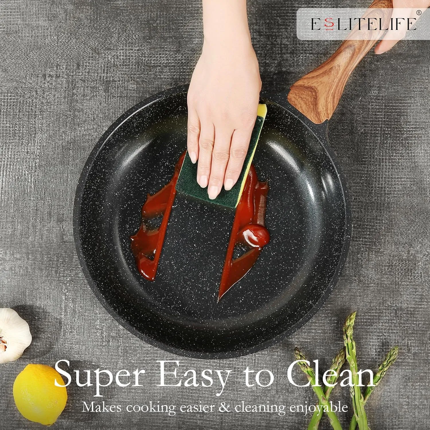 ESLITE LIFE Nonstick Ceramic Frying Pans Skillets Set with Lids, Non-Toxic Egg Omelette Kitchen Cooking Pans Compatible with All Stovetops (Gas, Electric & Induction), PTFE & PFOA Free (Black)
