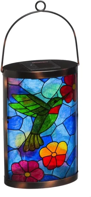 Evergreen Garden Beautiful Summer Tiffany Inspired Hummingbird Solar Lantern - 6 x 4 x 15 Inches Fade and Weather Resistant Outdoor Decoration for Homes, Yards and Gardens