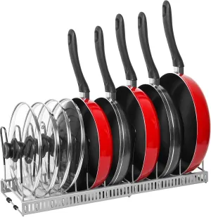 Expandable Pot & Pan Organizer - Grey Cabinet Rack with 10 Adjustable Compartments for Cookware, Baking & Frying Pans