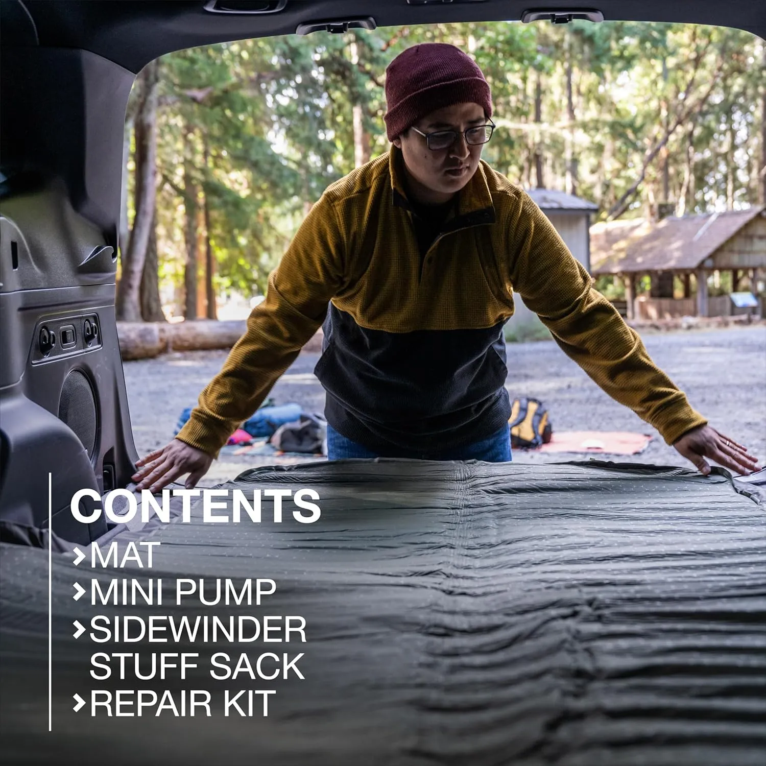 Exped MegaMat Auto - Self Inflating Foam Car Sleeping Mat, 4" Thickness Travel Bed, Compact and Lightweight, Mini Pump Included, Moraine, Auto - Past Season
