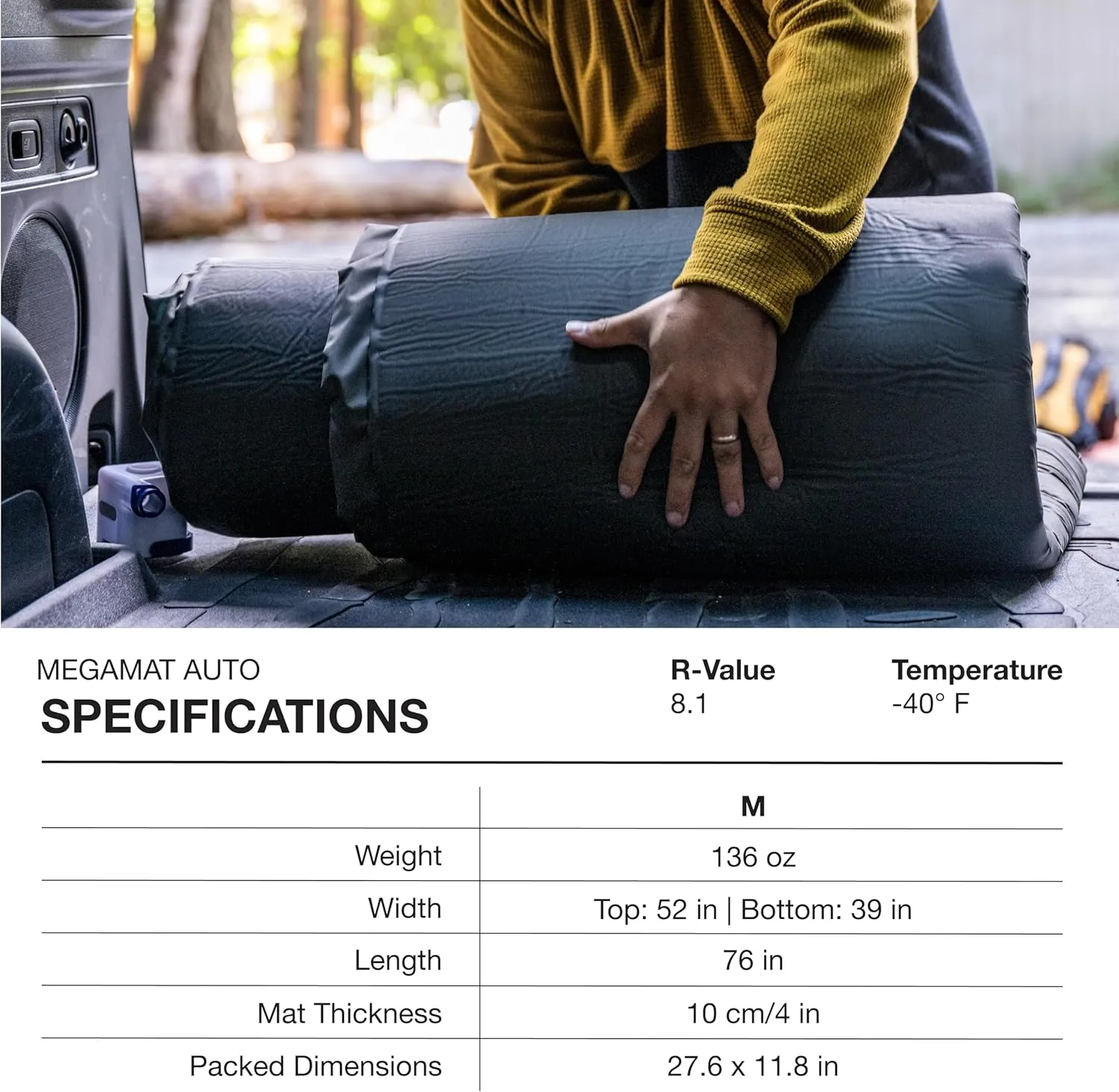 Exped MegaMat Auto - Self Inflating Foam Car Sleeping Mat, 4" Thickness Travel Bed, Compact and Lightweight, Mini Pump Included, Moraine, Auto - Past Season