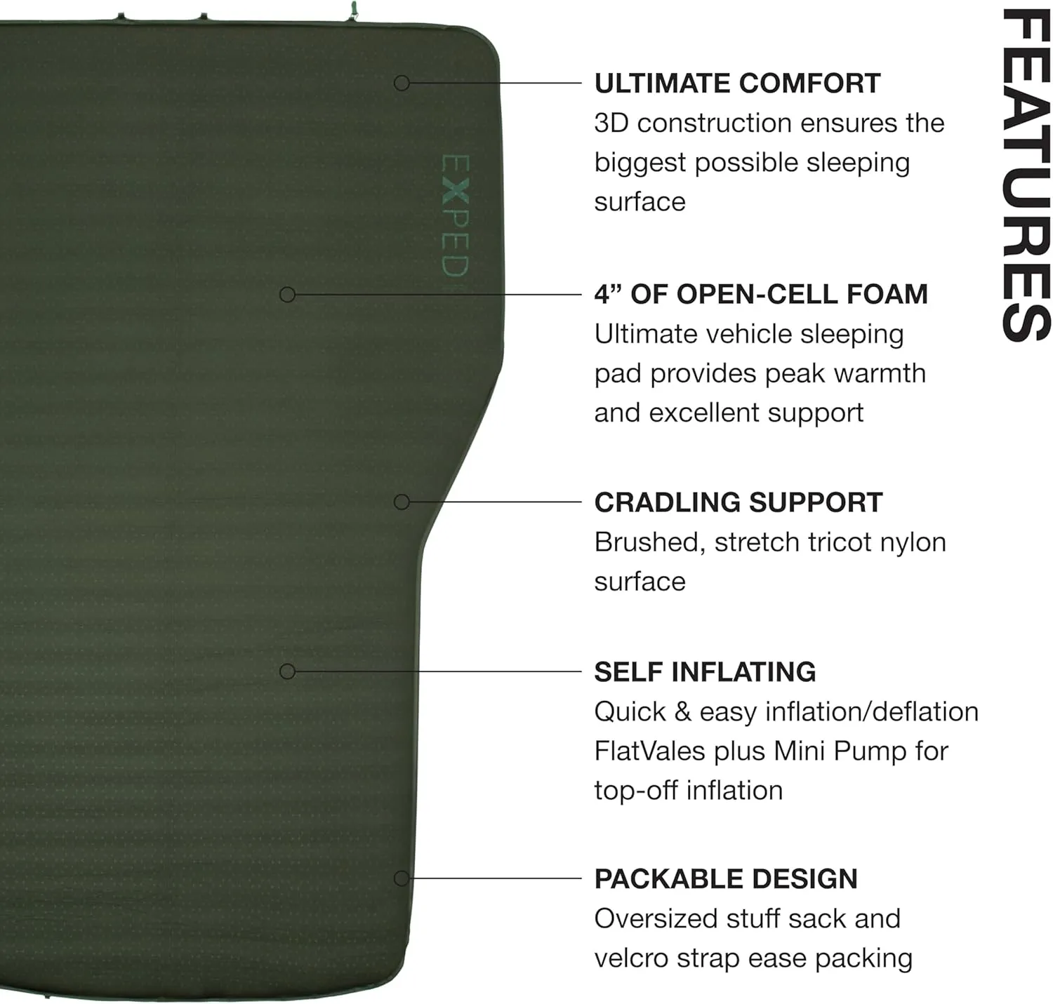 Exped MegaMat Auto - Self Inflating Foam Car Sleeping Mat, 4" Thickness Travel Bed, Compact and Lightweight, Mini Pump Included, Moraine, Auto - Past Season