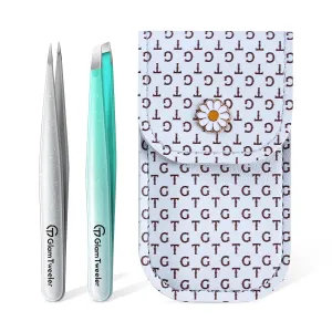 Expert Slant and Point Tip Tweezer Set with Exclusive Storage & Carrying Case, GlamTweeler Sharp & Precision Tweezer Set for Eyebrows, Facial Hairs & Fine Hairs Removal (Sparkle Mint Green   Silver)