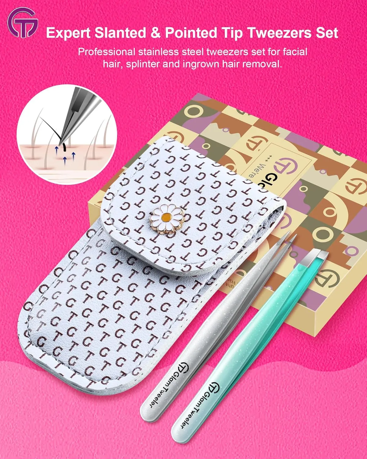 Expert Slant and Point Tip Tweezer Set with Exclusive Storage & Carrying Case, GlamTweeler Sharp & Precision Tweezer Set for Eyebrows, Facial Hairs & Fine Hairs Removal (Sparkle Mint Green   Silver)
