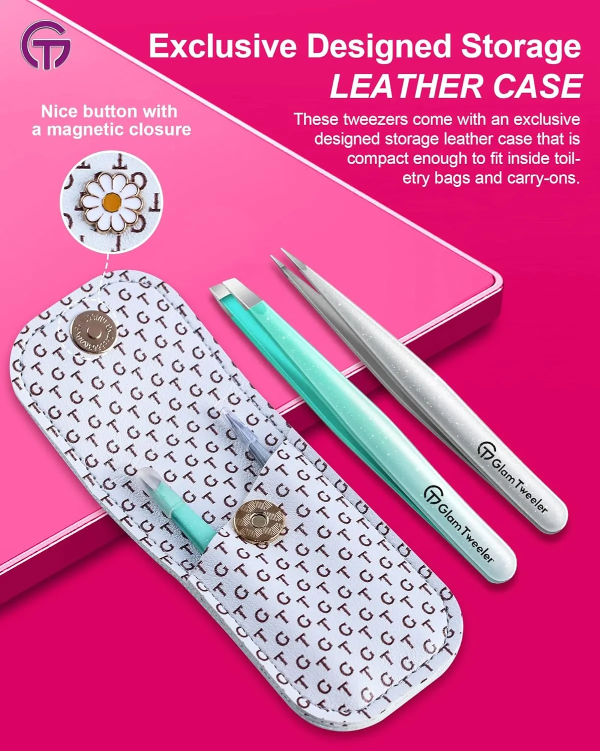 Expert Slant and Point Tip Tweezer Set with Exclusive Storage & Carrying Case, GlamTweeler Sharp & Precision Tweezer Set for Eyebrows, Facial Hairs & Fine Hairs Removal (Sparkle Mint Green   Silver)